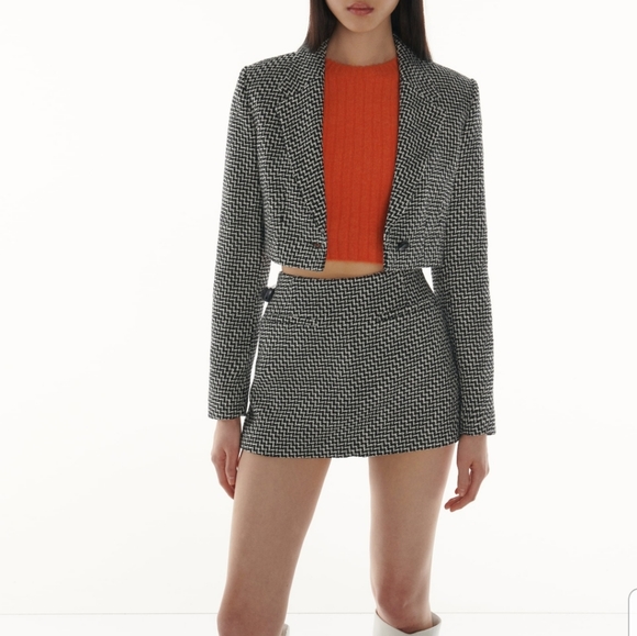 Zara 2pcs set houndstooth crop blazer jacket & skort Tweed textured Medium - Picture 2 of 8